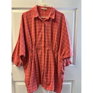 Easel Linen Blend Tunic Dress Orange Plaid Large